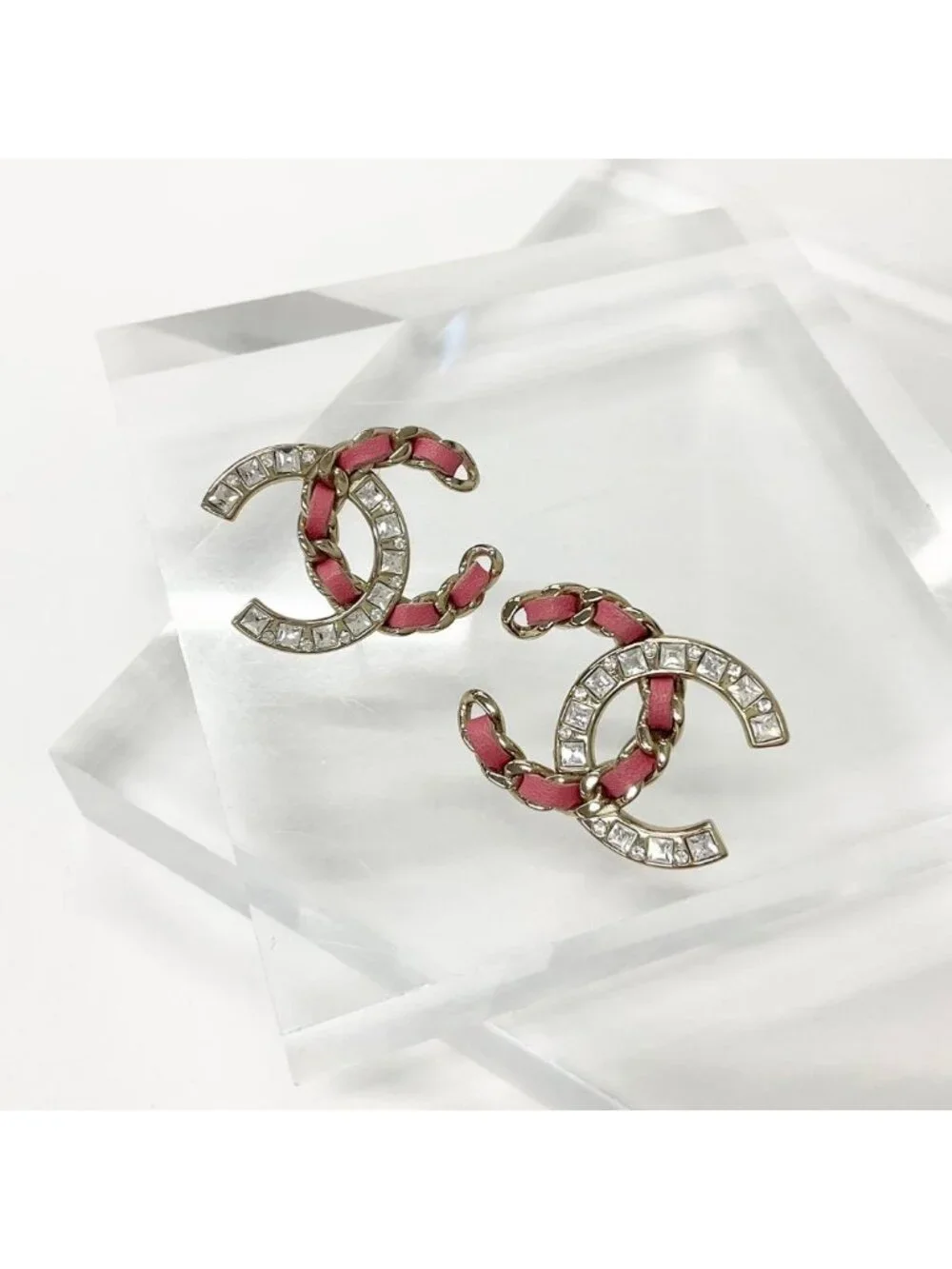 Chanel Earrings CC Logo Rhinestone Gold Pink